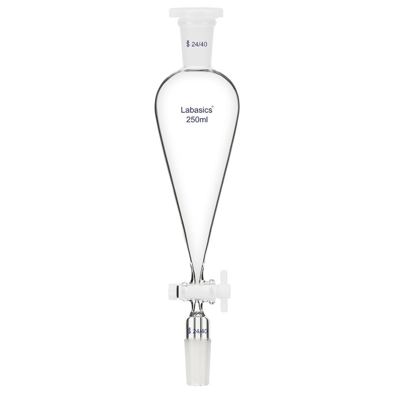 Labasics 250 ml Conical Pear-Shaped Separatory Funnel with PTFE Stopcock, Heavy Wall Borosilicate Glass with 24/40 Joints - Image 1